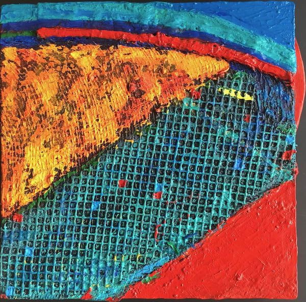 Anthony Frost Neon Moon Acrylic on sail, hessian sacking, rubber, card on canvas 41 x 41cm £4000