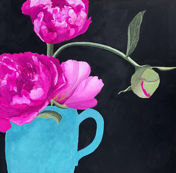 Gertie Young Peonies in a cobalt cup 2024 Acrylic, gouache on watercolour card 23 x 23cm £390