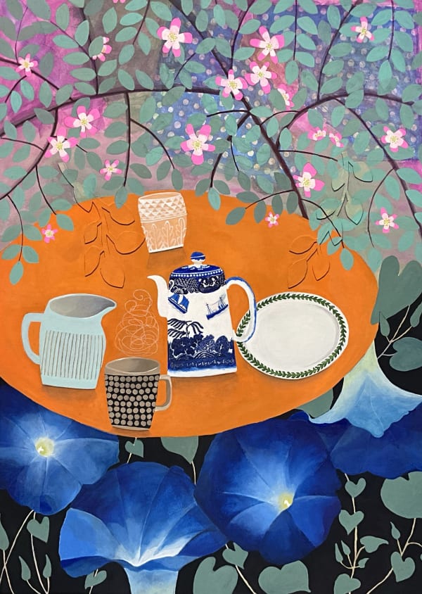 Gertie Young Morning glory under an orange table 2024 Acrylic gouache, collage, pencil on watercolour card 76 x 56cm SOLD