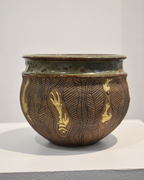 Cherry Tewfik Brown and Gold Engraved Raku Jar, 2021 Stoneware Ceramic