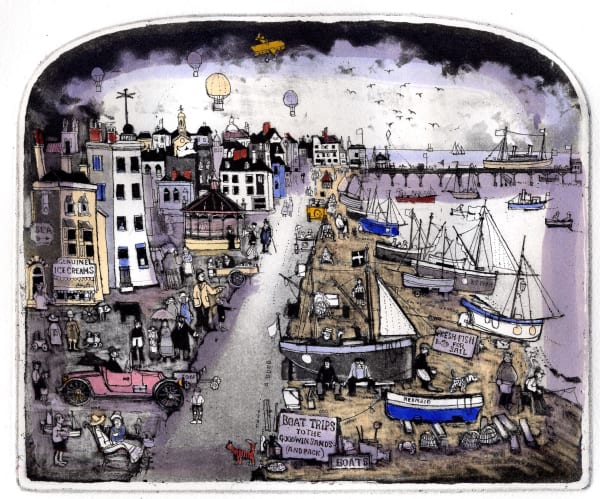 Bill Steels Deal by Graham Clarke limited edition etching print of Deal Town Seafront Deal Kent England at Linden Hall Studio Two Studios Deal High Street Art Gallery