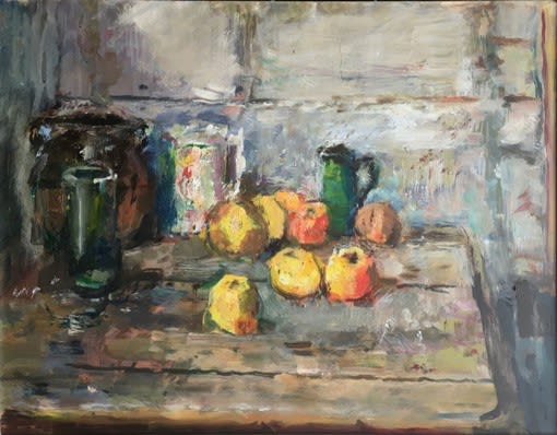 Anthony Eyton Apples on a Table, Early Evening Oil on Board 35 x 45cm