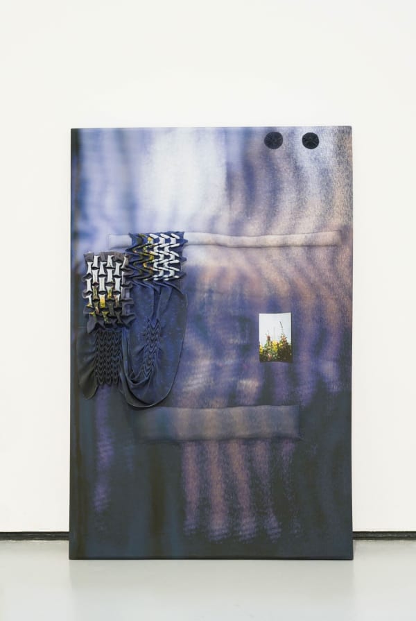 "Raising Glitches I," 2021, digital collage printed on silk and vinyl, spandex, smocking, appliqué, pine, upholstery foam, silk thread, and flashe paint, 37 × 57 × 1.5"