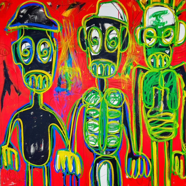 Aboudia - Les trois amis II - 2018 - 150x150cm - Acrylic and pastels on canvas 