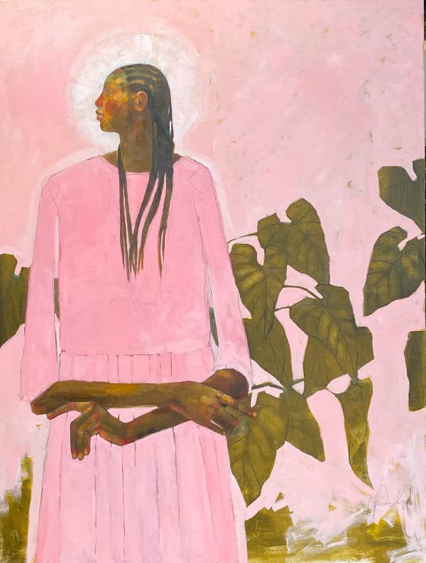 Olivia Mae Pendergast - Girl looking with Foliage - 2023 - 122cm H x 91cm W - Oil on canvas