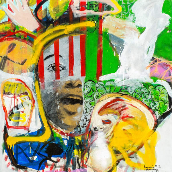 Francis Mampuya - "Autoportrait rêvant de la culture" - 2012 - 100cm H x 100cm W - Acrylic, oil and collage on canvas