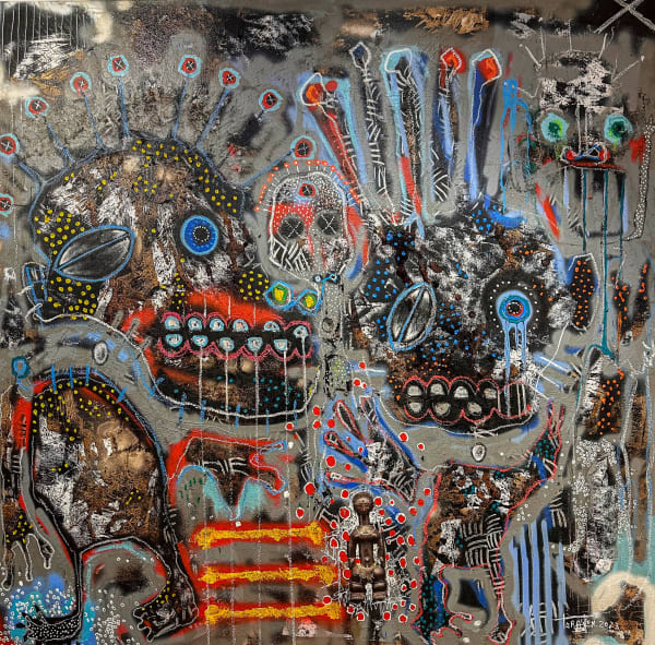 Mederic Turay - The Tears of Joy - 2023 - 150cm x 150cm - Oil, acrylic, spray paint, coffee, wallnut pigments, collage on canvas