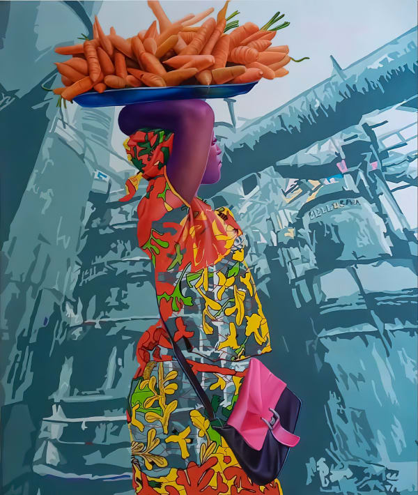 Daniel Onguene - La femme aux carottes - 2020 - 120cm H x 110cm W - Acrylic on canvas
