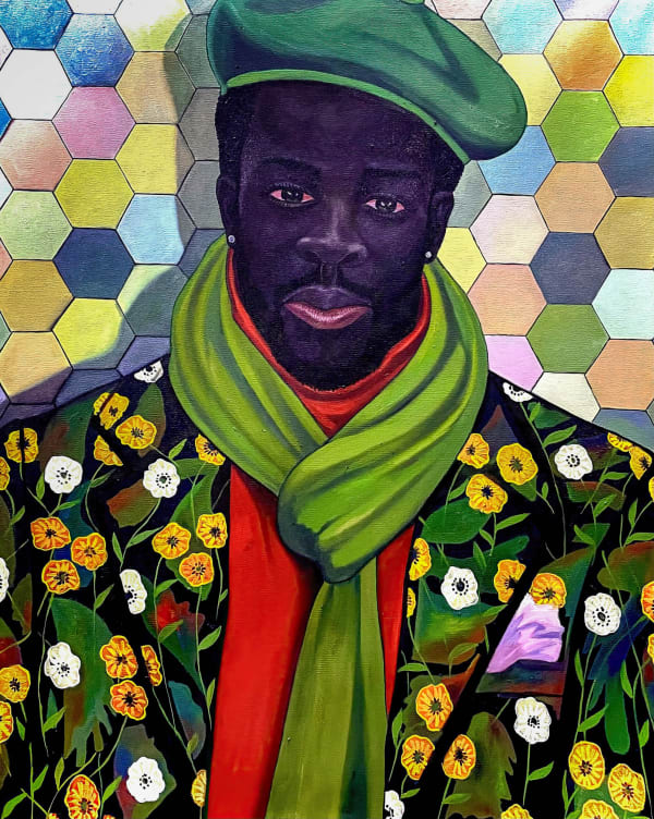 Moses Zibor - Me and my Flower Suit - 2023 - 128cm H x 103cm W - Oil on canvas