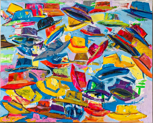Larry Otoo - Floating Hats - 2022 - 120cm H x 150cm W - Acrylic on canvas