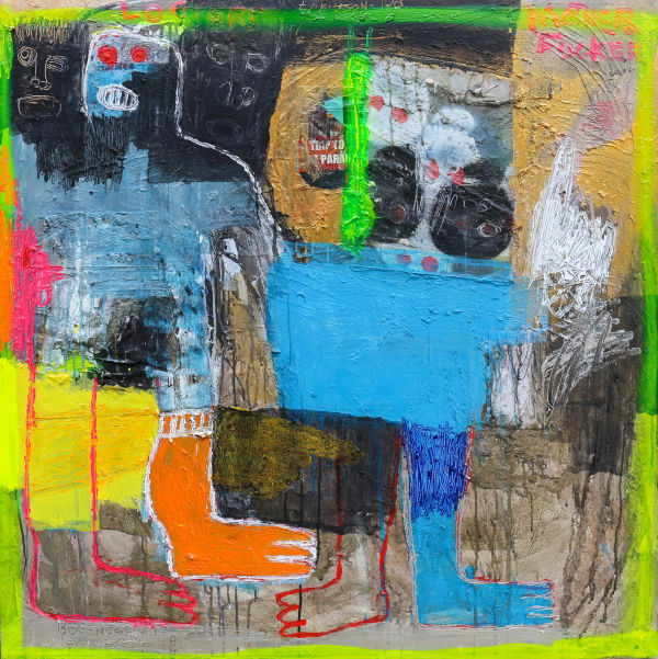 Bob-Nosa - Shut up II - 2019 - 122cm H x 106cm W - Acrylic, fabric collage and spray paint on textured canvas