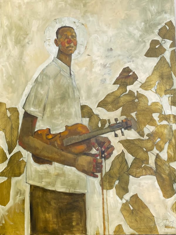Olivia Mae Pendergast - Magutu holding his Violin - 2023 - 122cm H x 91cm W - Oil on canvas