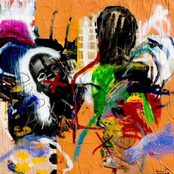 Francis Mampuya - "Si la pierre pouvait parler" - 2012 - Mixed media: acrylic, collage and oil on canvas - 100cm H x 100cm W