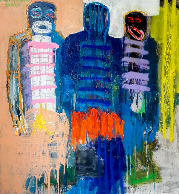 Bob-Nosa - 3 Brave Men - 2020 - 120,4cm H x 116cm W - Acrylic and spray paint on textured canvas