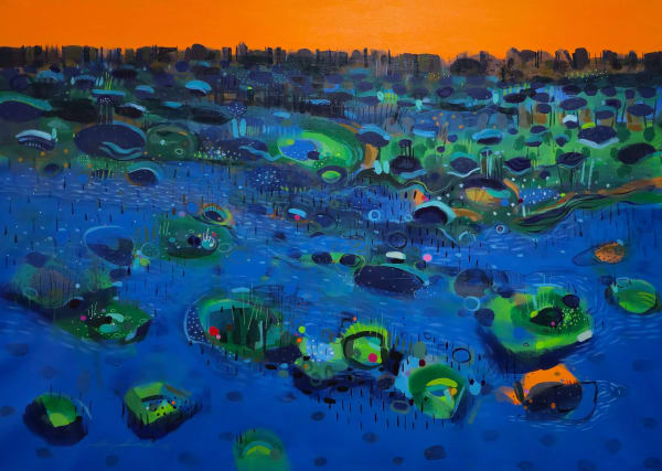 Miska Mohmmed - Dusk Over Lotus Fields - 2025 - 100cm H x 140cm W - Acrylic and markers on canvas
