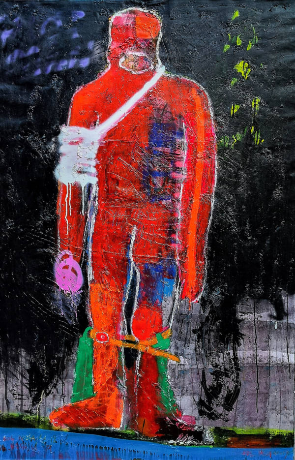 Bob-Nosa - Wounded Patriot - 2019 - 183cm H x 122cm W - Acrylic, spray paint & fabric collage on textured canvas