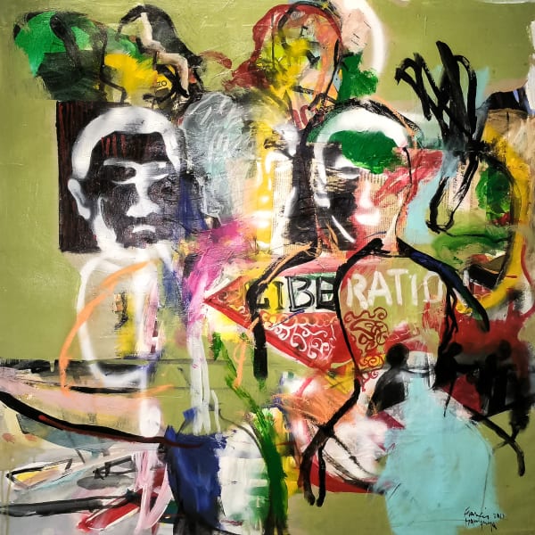 Francis Mampuya - "Libération" - 2012 - 99cm H x 99cm W - Acrylic and collage on canvas