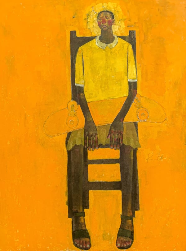 Olivia Mae Pendergast - Mary with Skateboard in Orange - 2021 - 122cm H x 91cm W - Oil on canvas