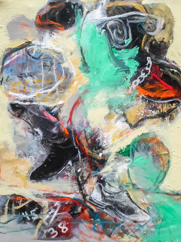 Francis Mampuya - "La Sape 2" - 2017 - 100cm H x 80cm W - Acrylic, oil, pastels and collage on canvas