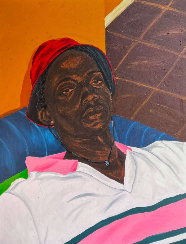 Matthew Eguavoen - Red bucked hat - 2023 - 130cm H x 100cm W - Oil and acryli on canvas