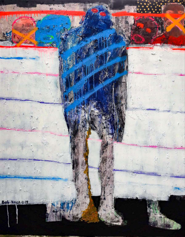Bob-Nosa - Backwardness - 2019 - 181,5cm H x 152cm W - Acrylic and spray paint on textured canvas