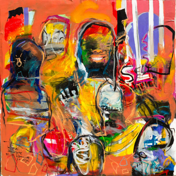 Francis Mampuya - "La fête" - 2012 - Mixed media: acrylic, collage and oil con canvas - 100cm H x 100cm W