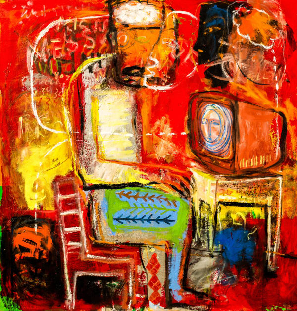 Francis Mampuya - En attendant le message du Président - 2021 - 98cm H x 95cm W - Oil, acrylic and collage on canvas