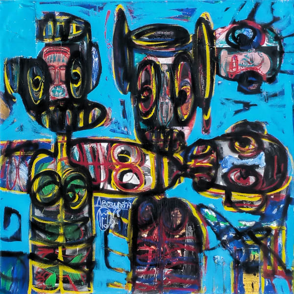 Aboudia - Visages et deux masques - 2017 - 120 x 120cm - Acrylic, collage and pastels on canvas