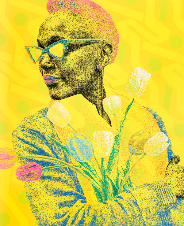 Evans Mbugua - Series "Flower Power" - Renaissance - 2021 - 110cm H x 90cm W - Handmade oil painting on plexiglass and original digital print on paper