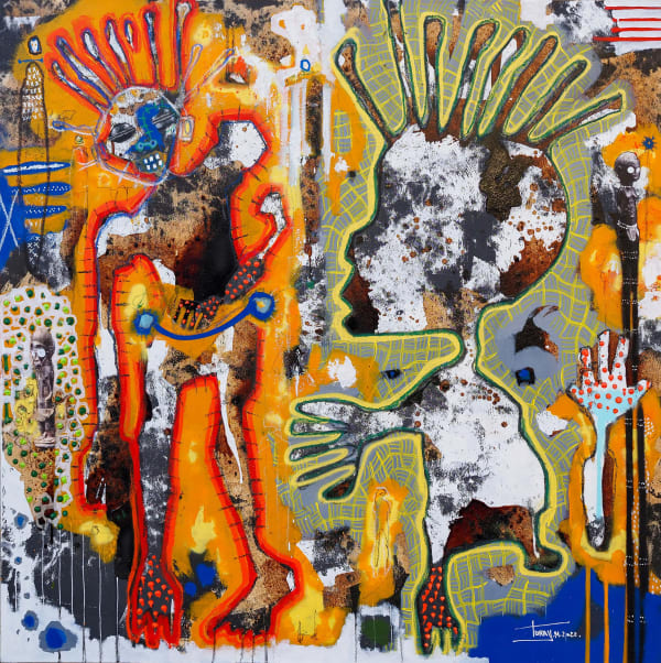 Mederic Turay - Finding my way home - 2022 - 150X150cm - Acrylic, oil, collage, coffee and colour pigments on canvas