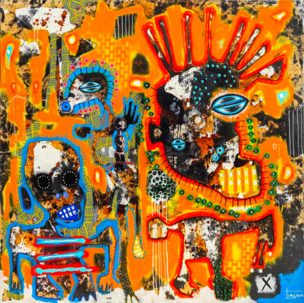 Mederic Turay - Origin of the Sun - 2022 - 150cm x 150cm - Oil, acrylic, spray, collage, coffee and natural pigments on canvas