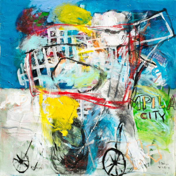 Francis Mampuya - "MPILA City" - 2012 - 130cm H x 130cm W - Mixed media:acrylic, oil and collage on canvas