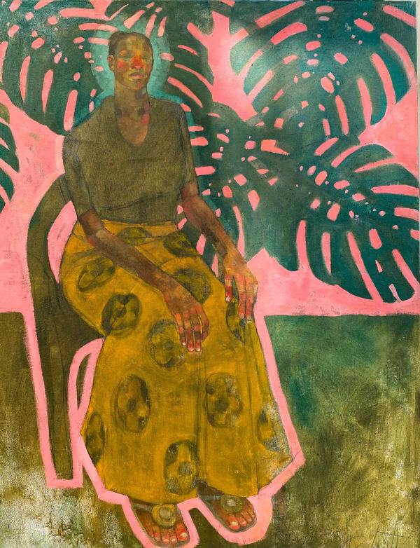 Olivia Mae Pendergast - Woman sitting in Pink with Monstera - 2023 - 122cm H x 91cm W - Oil on canvas