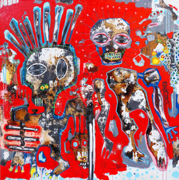 Mederic Turay - A Meeting at Alkebulan -2022 - 150X150cm Acrylic-oil- collage-coffee & colour pigments on canvas