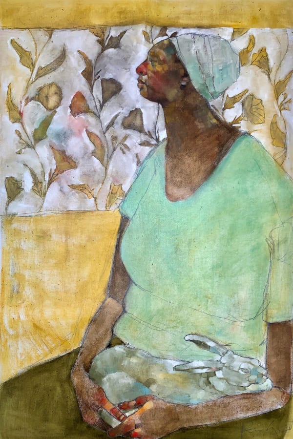 Olivia Mae Pendergast - Lucy holding Rabbit - 2020 - 91cm H x 61cm W - Oil on canvas