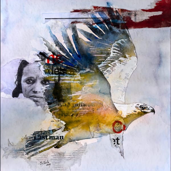Bruce Clarke - Series "Predators" - Last man - 2019 - 65cm H x 55cm W - Watercolour & collage on card