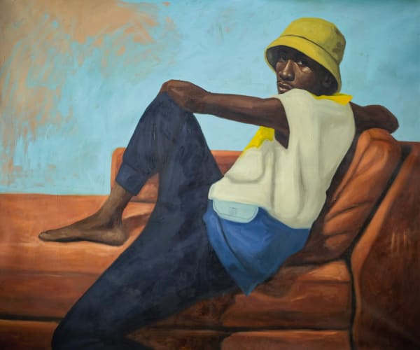 Oliver Okolo - A day on the leather sofa - 2023 - 152cm H x 183cm W - 60in H x 72 in W - Oil on canvas
