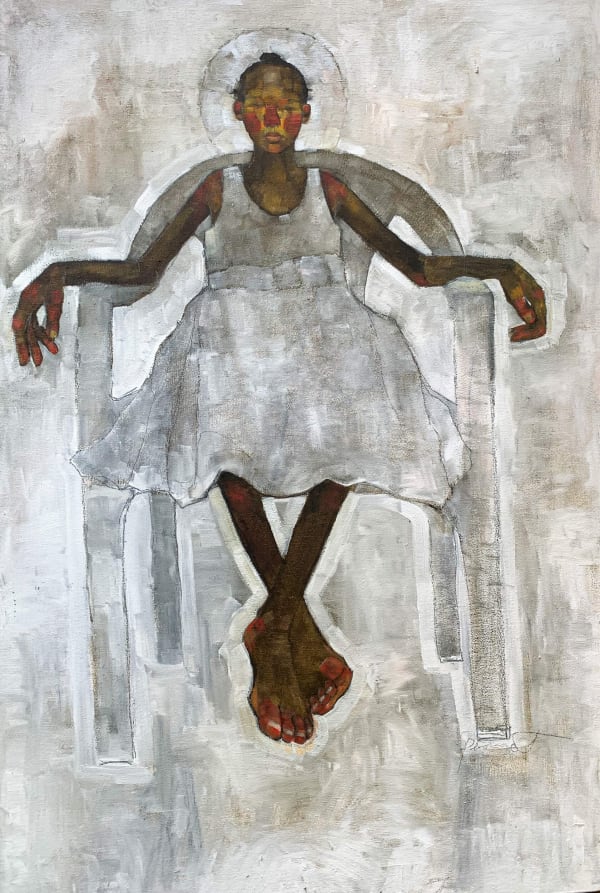 Olivia Mae Pendergast - Girl sitting in White - 2021 - 91cm H x 61cm W - Oil on canvas