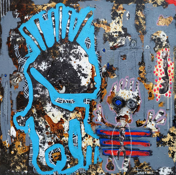 Mederic Turay - Dance of the blue moon 1 - 2022 - 100X100cm - Acrylic, oil, collage, coffee & colour pigments on canvas