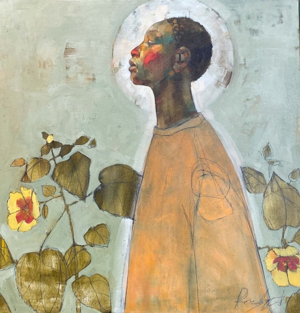 Olivia Mae Pendergast - Boy with Yellow Swamp Hibiscus - 2023 - 58cm x 58cm - Oil on canvas