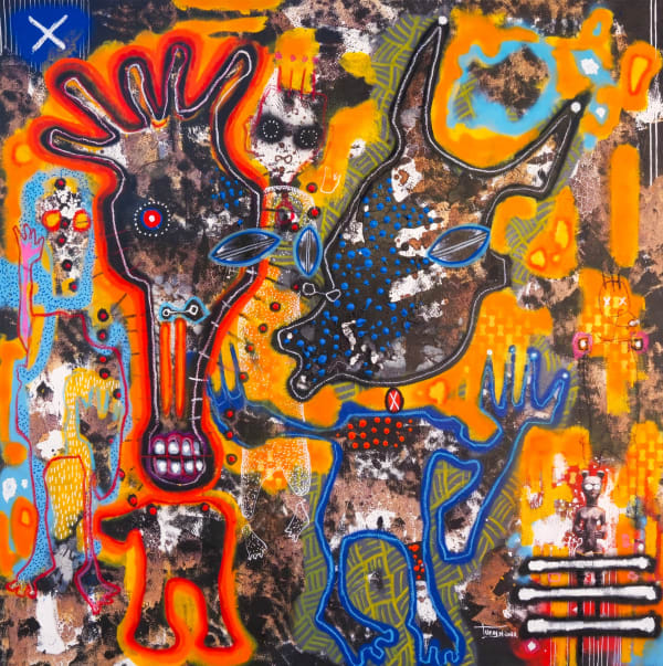 Mederic Turay - Primitive Spirit 2 - 2022 - 150cm x 150cm - Oil, acrylic, coffee, spray, collage and natural pigments on canvas