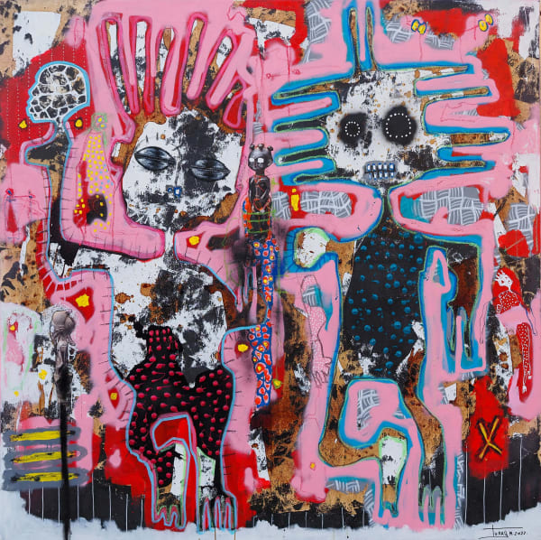 Mederic Turay - La vie en rose - 2022 - 150X150cm - Acrylic, oil, collage, coffee & colour pigments on canvas