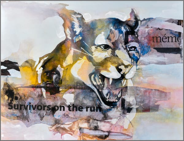 Bruce Clarke - Series "Predators" - Survivors on the run - 2019 - 89cm H x 116cm W - Acrylic and collage on canvas