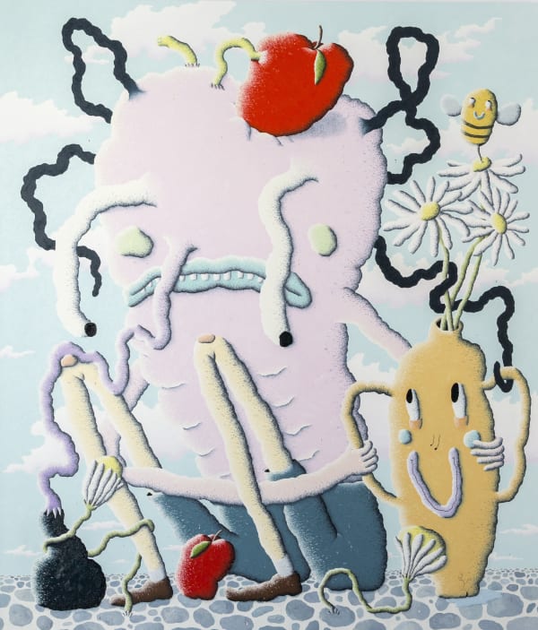 Joakim Ojanen, Stuck on the island with happy vase, a couple of apples, a bee and some flowers, 2018