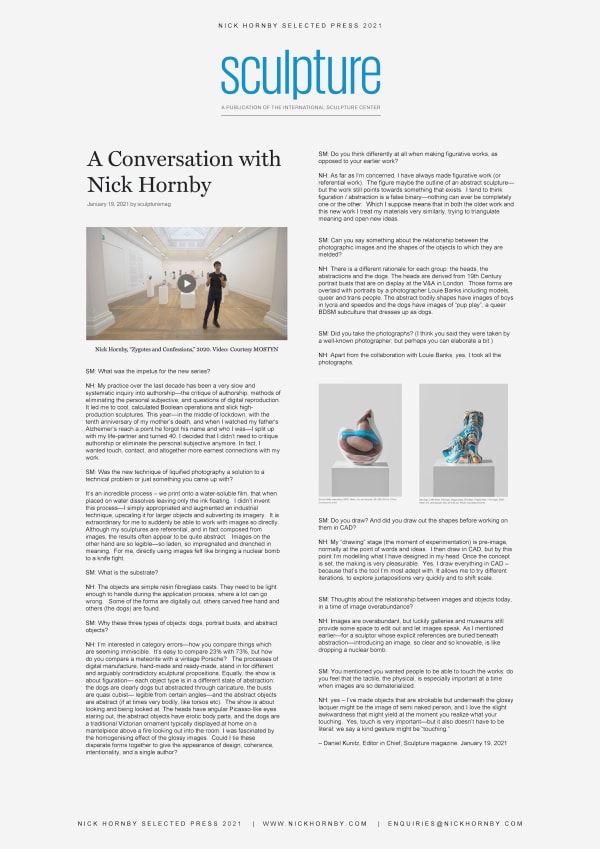 PRESS: A Conversation with Nick Hornby, Daniel Kunitz, Sculpture Magazine
