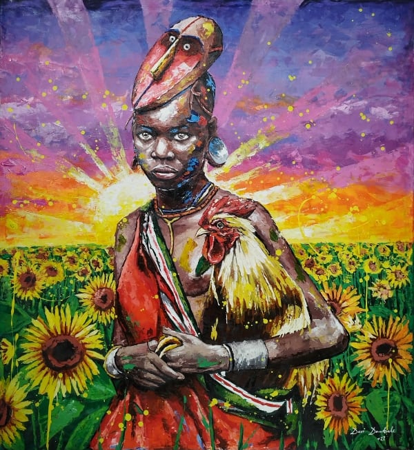DAVID DOMBELE "Massoxi e os Girassóis Dourados", 2022 Acrylic on canvas 140 x 130 cm
