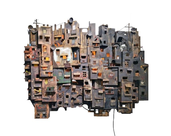 Bete MARQUES "O Circo Pegou Fogo. Série Cidade Informal" 2020 Wood aluminium, and zinc installation with backlight, 140 x 110 x 25 cm