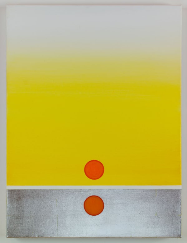 Lisa Beck, Nearing, 2017, aluminum leaf, acrylic paint, oil paint, and enamel paint on canvas, 24 x 18 inches