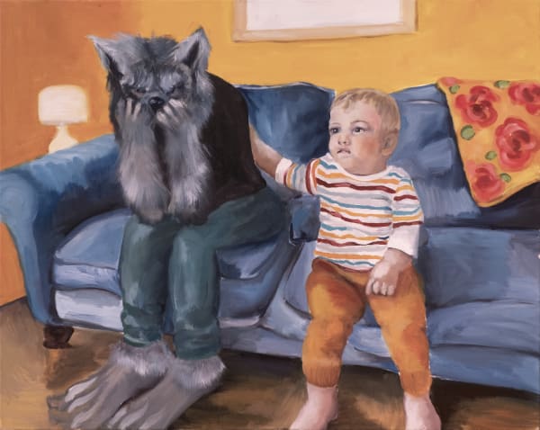 Lindsey Mendick, Wolfie and Felix Watching Telly, 2021, oil on canvas, 51 x 76 cm. Courtesy: the artist and Cooke Latham Gallery, London
