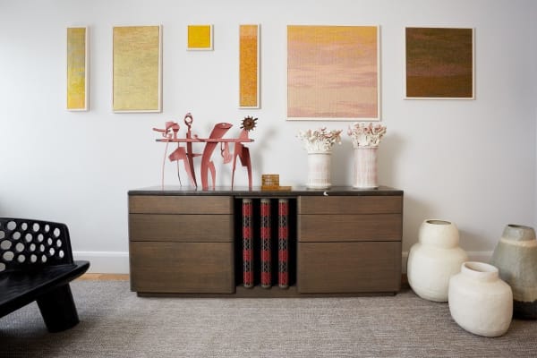 Katharine Swailes – tapestry Simon Gaiger – metal sculpture Annie Turner – ceramic sculpture Daniel Reynolds – a selection of large hand-built pots